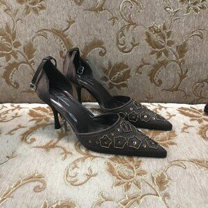 GORGEOUS Brown Bronze Satin Ankle-Strap D'Orsay, Beaded Formal Pump Dress Shoe